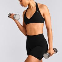 EffortlessLift™ Seamless Halter Neck Sports Bra with Gray Logo | Black