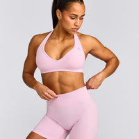 EffortlessLift™ Seamless Halter Neck Sports Bra with Gray Logo | Chalk Pink