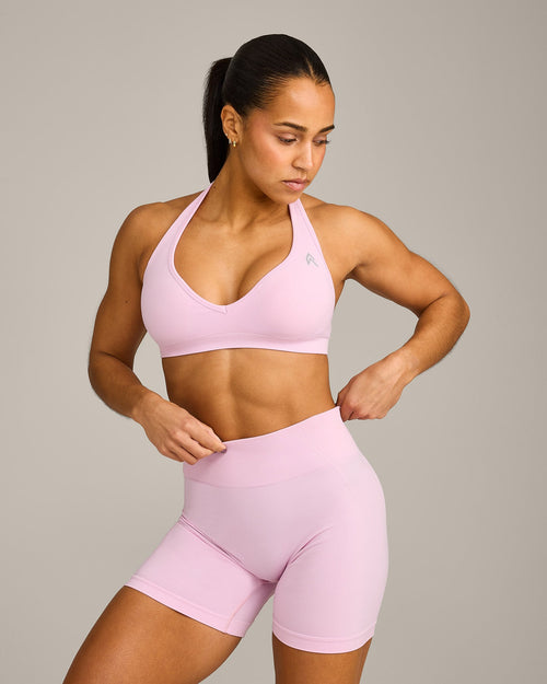 Oner Modal EffortlessLift™ Seamless Halter Neck Sports Bra with Gray Logo | Chalk Pink
