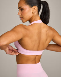 EffortlessLift™ Seamless Halter Neck Sports Bra with Gray Logo | Chalk Pink