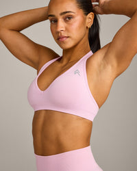 EffortlessLift™ Seamless Halter Neck Sports Bra with Gray Logo | Chalk Pink