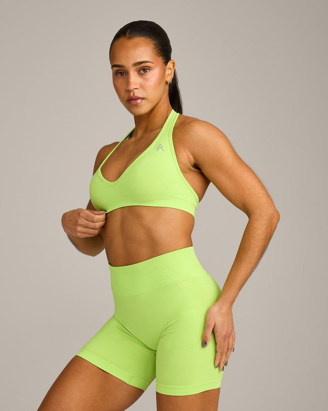 EffortlessLift™ Seamless Halter Neck Sports Bra with Gray Logo | Citrus Green