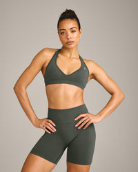 EffortlessLift™ Seamless Halter Neck Sports Bra with Gray Logo | Dark Khaki