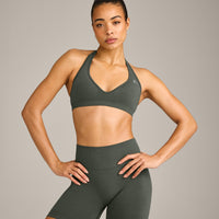 EffortlessLift™ Seamless Halter Neck Sports Bra with Gray Logo | Dark Khaki