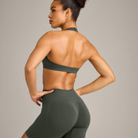 EffortlessLift™ Seamless Halter Neck Sports Bra with Gray Logo | Dark Khaki