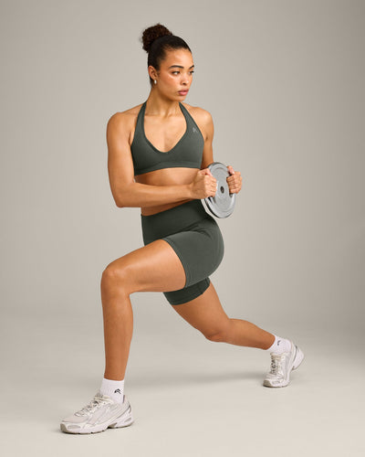 EffortlessLift™ Seamless Halter Neck Sports Bra with Gray Logo | Dark Khaki