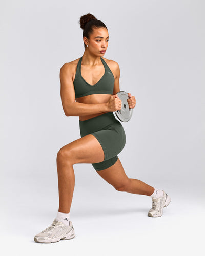 EffortlessLift™ Seamless Halter Neck Sports Bra with Gray Logo | Dark Khaki