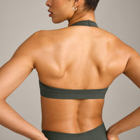 EffortlessLift™ Seamless Halter Neck Sports Bra with Gray Logo | Dark Khaki