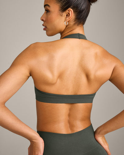 EffortlessLift™ Seamless Halter Neck Sports Bra with Gray Logo | Dark Khaki