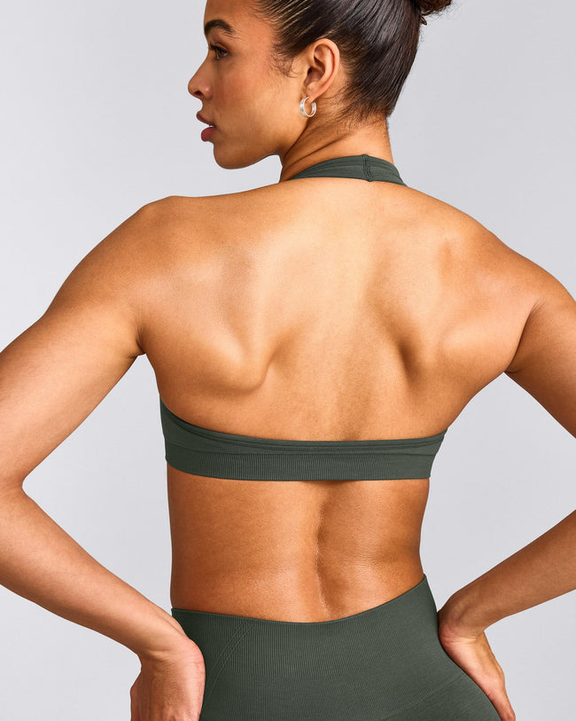 EffortlessLift™ Seamless Halter Neck Sports Bra with Gray Logo | Dark Khaki
