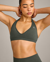EffortlessLift™ Seamless Halter Neck Sports Bra with Gray Logo | Dark Khaki