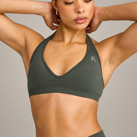 EffortlessLift™ Seamless Halter Neck Sports Bra with Gray Logo | Dark Khaki