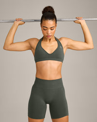 EffortlessLift™ Seamless Halter Neck Sports Bra with Gray Logo | Dark Khaki