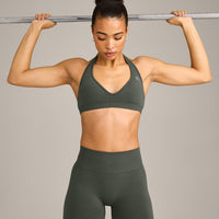 EffortlessLift™ Seamless Halter Neck Sports Bra with Gray Logo | Dark Khaki