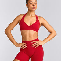 EffortlessLift™ Seamless Halter Neck Sports Bra with Gray Logo | Fiery Red