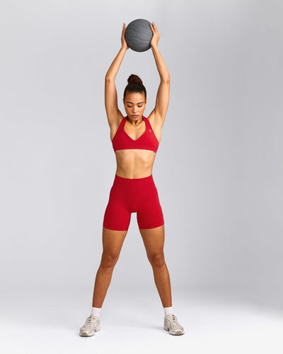 EffortlessLift™ Seamless Halter Neck Sports Bra with Gray Logo | Fiery Red