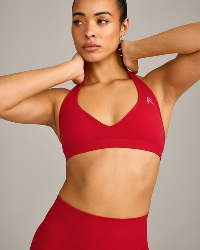 EffortlessLift™ Seamless Halter Neck Sports Bra with Gray Logo | Fiery Red