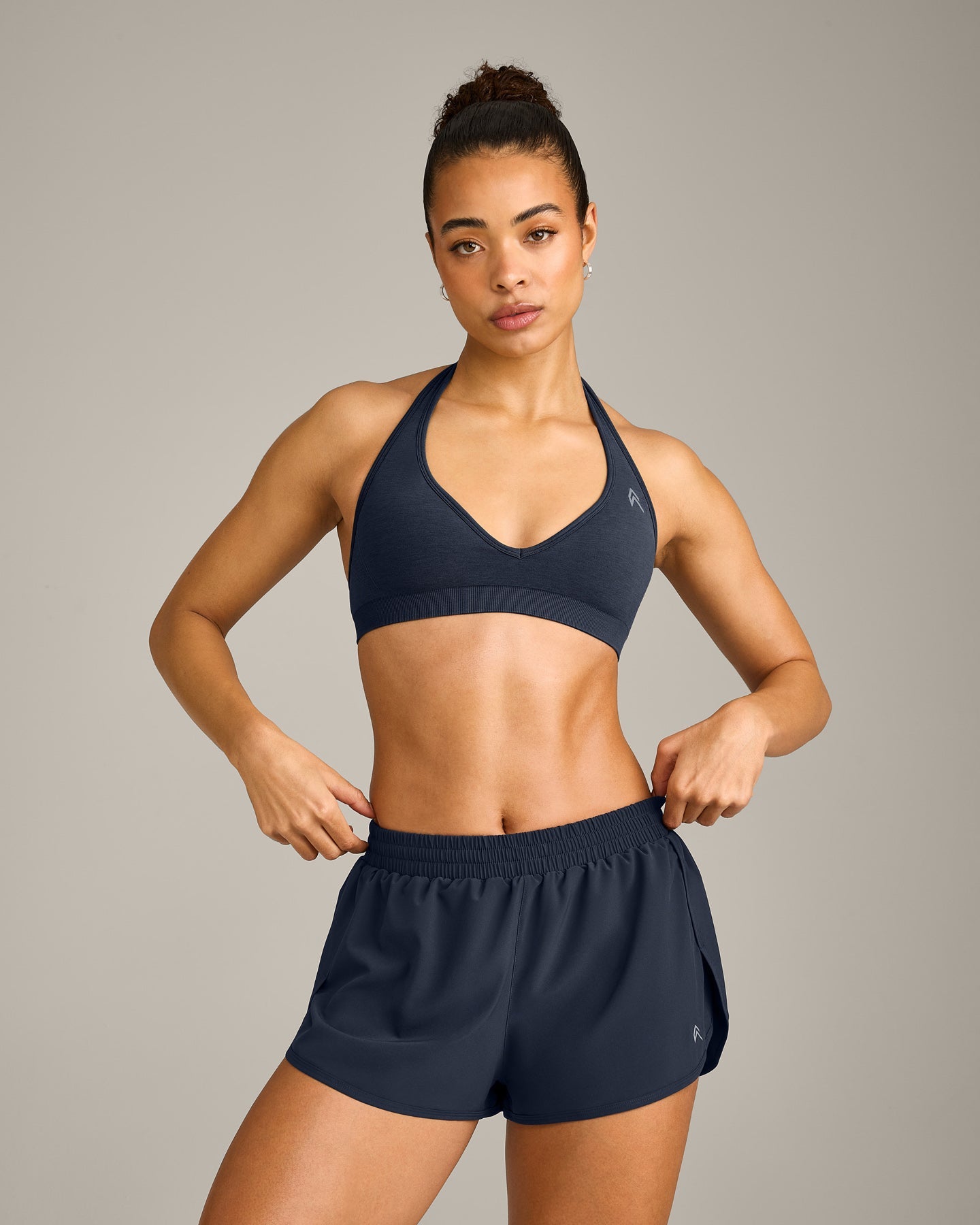 EffortlessLift™ Seamless Halter Neck Sports Bra with Gray Logo | True Blue