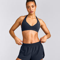 EffortlessLift™ Seamless Halter Neck Sports Bra with Gray Logo | True Blue