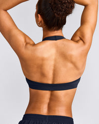 EffortlessLift™ Seamless Halter Neck Sports Bra with Gray Logo | True Blue