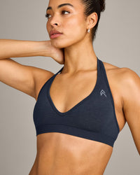 EffortlessLift™ Seamless Halter Neck Sports Bra with Gray Logo | True Blue