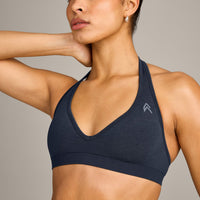 EffortlessLift™ Seamless Halter Neck Sports Bra with Gray Logo | True Blue