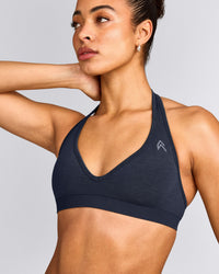 EffortlessLift™ Seamless Halter Neck Sports Bra with Gray Logo | True Blue
