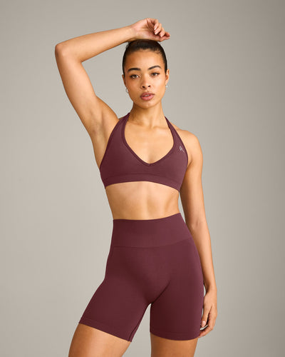 EffortlessLift™ Seamless Halter Neck Sports Bra with Grey Logo | Velvet Mocha