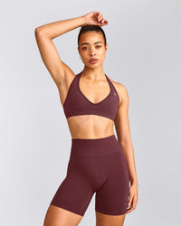 EffortlessLift™ Seamless Halter Neck Sports Bra with Gray Logo | Velvet Mocha