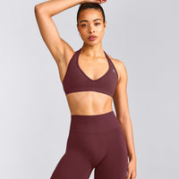 EffortlessLift™ Seamless Halter Neck Sports Bra with Gray Logo | Velvet Mocha