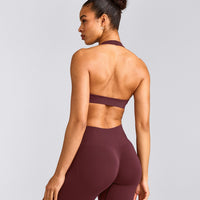 EffortlessLift™ Seamless Halter Neck Sports Bra with Gray Logo | Velvet Mocha