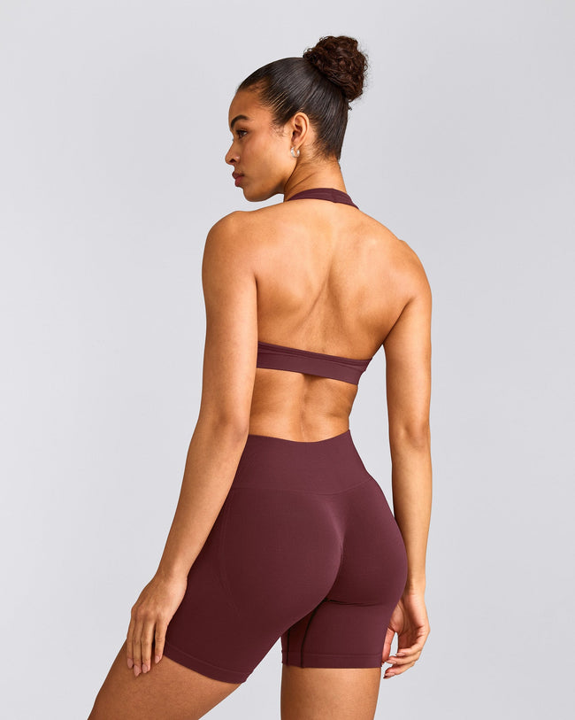 EffortlessLift™ Seamless Halter Neck Sports Bra with Gray Logo | Velvet Mocha