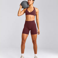 EffortlessLift™ Seamless Halter Neck Sports Bra with Gray Logo | Velvet Mocha
