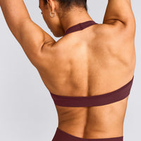EffortlessLift™ Seamless Halter Neck Sports Bra with Gray Logo | Velvet Mocha