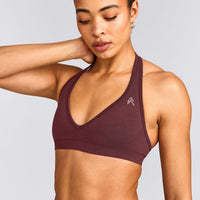 EffortlessLift™ Seamless Halter Neck Sports Bra with Gray Logo | Velvet Mocha