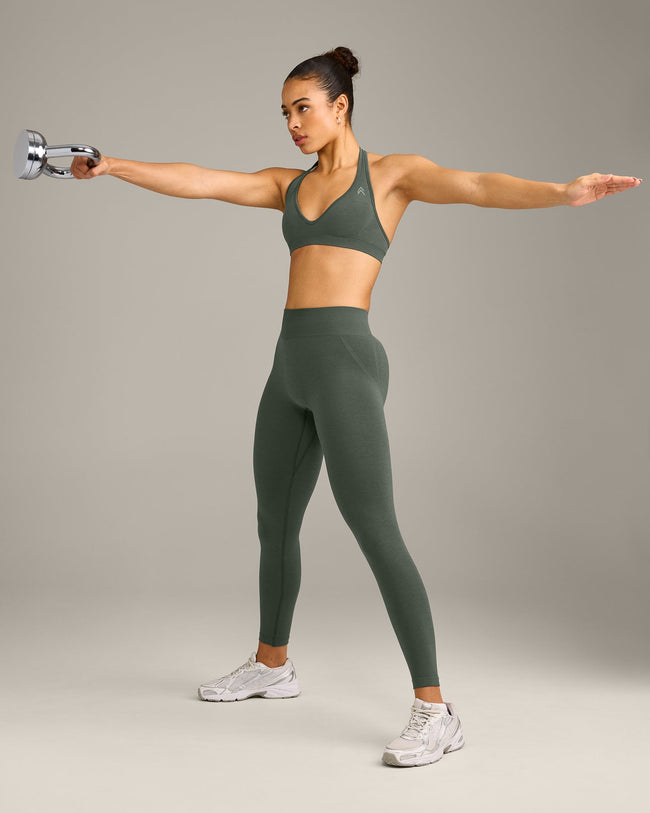 EffortlessLift™ Seamless Mid Rise Leggings with Gray Logo | Dark Khaki