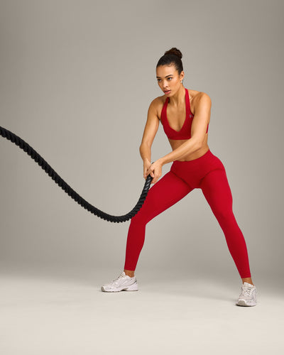 EffortlessLift™ Seamless Mid Rise Leggings with Gray Logo | Fiery Red