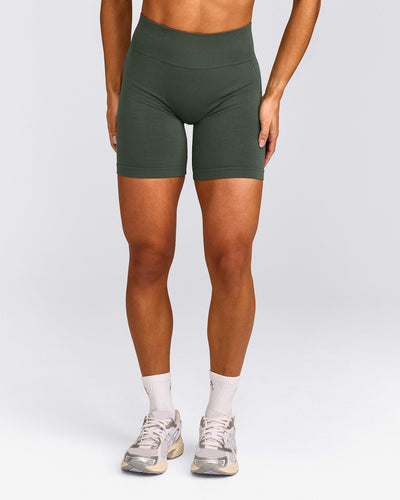 EffortlessLift™ Seamless Mid Rise Shorts with Gray Logo | Dark Khaki