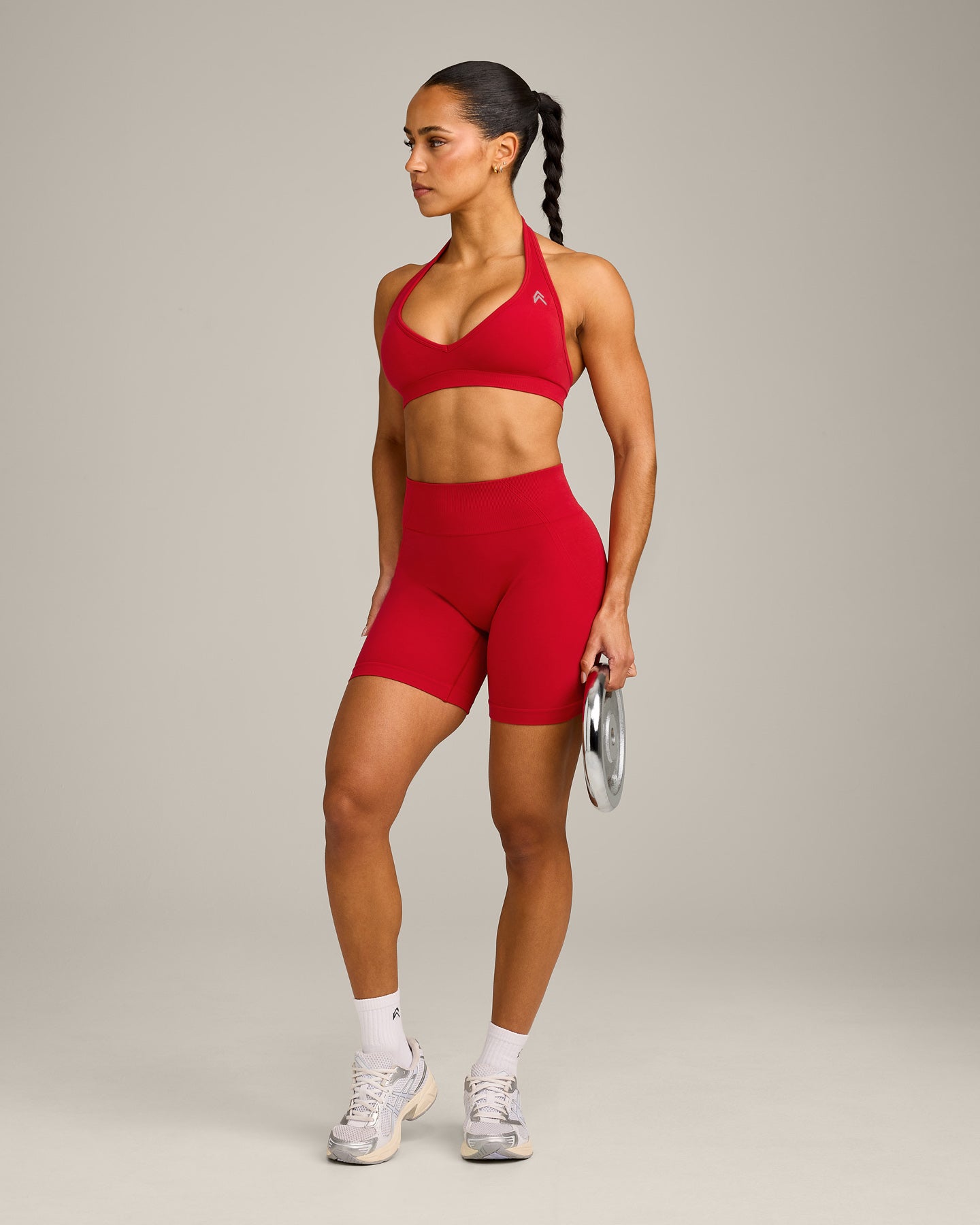 EffortlessLift™ Seamless Mid Rise Shorts with Gray Logo | Fiery Red