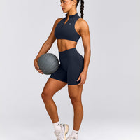 EffortlessLift™ Seamless Mid Rise Shorts with Gray Logo | True Blue