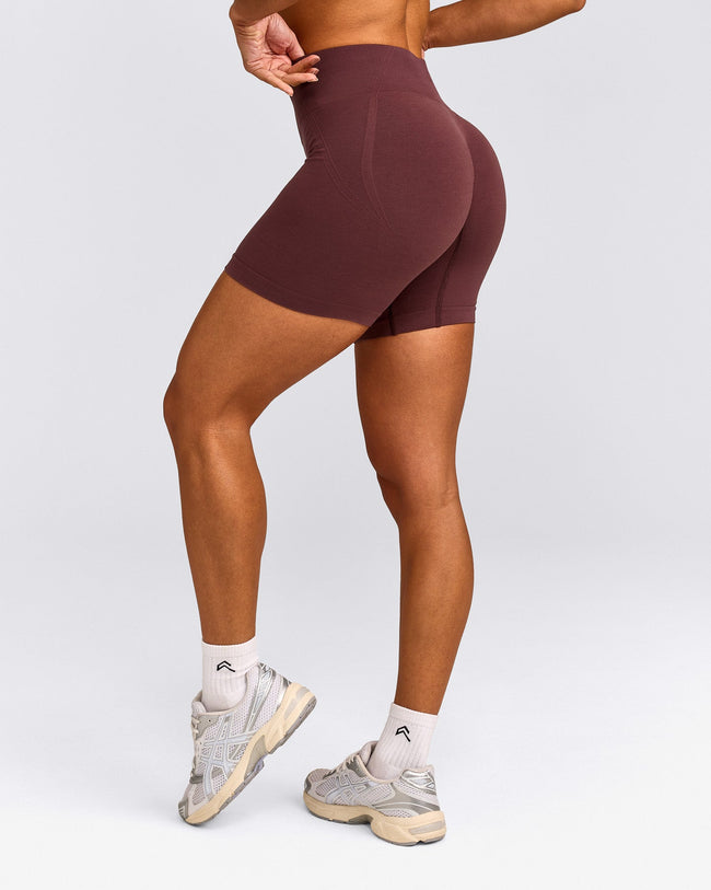 EffortlessLift™ Seamless Mid Rise Shorts with Gray Logo | Velvet Mocha