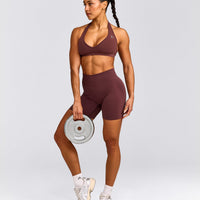 EffortlessLift™ Seamless Mid Rise Shorts with Gray Logo | Velvet Mocha