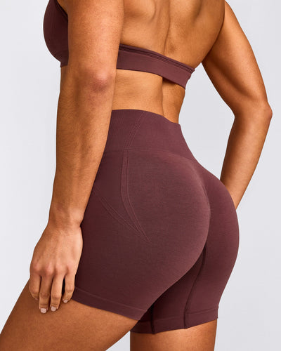 EffortlessLift™ Seamless Mid Rise Shorts with Gray Logo | Velvet Mocha