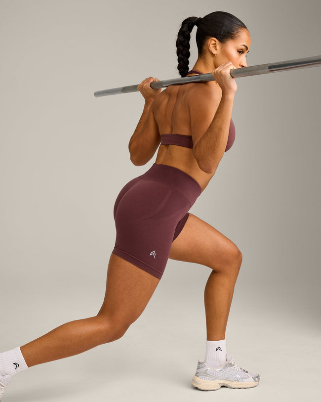 EffortlessLift™ Seamless Mid Rise Shorts with Gray Logo | Velvet Mocha