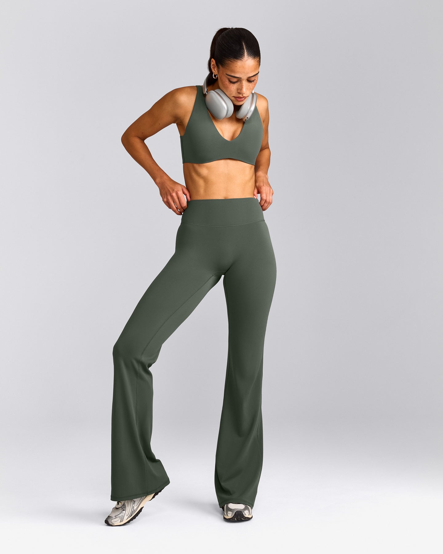 SoftMotion™ Flared Pants with Gray Logo | Dark Khaki