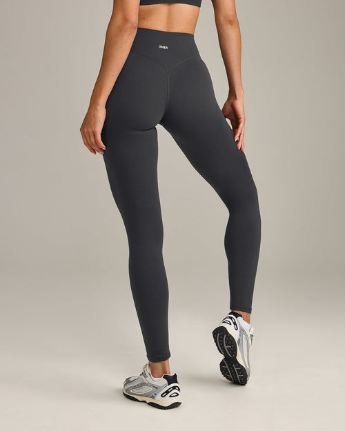 SoftMotion™ High Waisted Leggings with Gray Logo | Coal