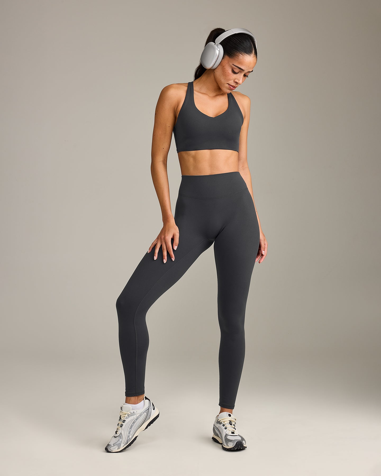 SoftMotion™ High Waisted Leggings with Gray Logo | Coal