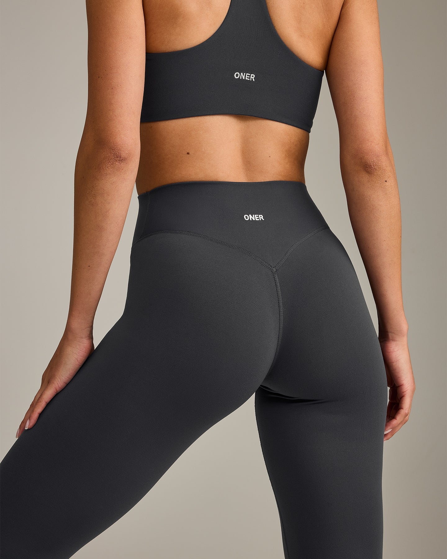 SoftMotion™ High Waisted Leggings with Gray Logo | Coal