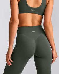 SoftMotion™ High Waisted Leggings with Gray Logo | Dark Khaki