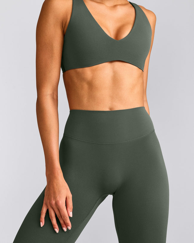 SoftMotion™ High Waisted Leggings with Gray Logo | Dark Khaki
